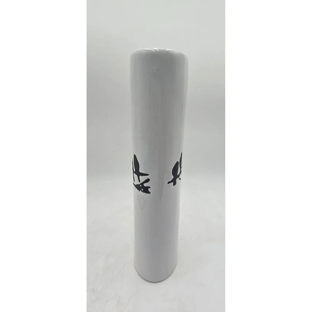 White Ceramic Oval Bud Vase Black Birds on Branch Silhouette Modern